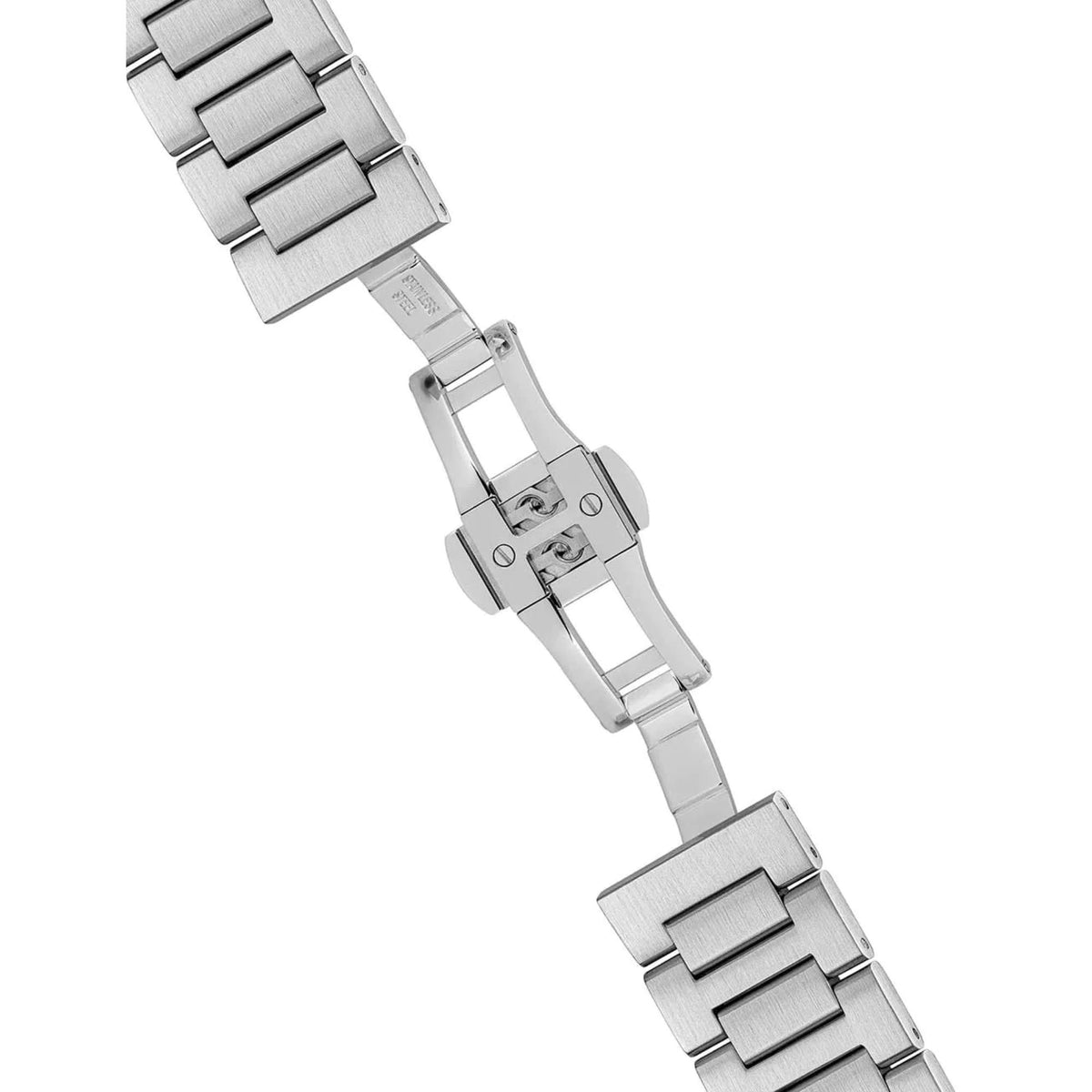 Silver metal bracelet and clasp on an automatic skeleton watch case