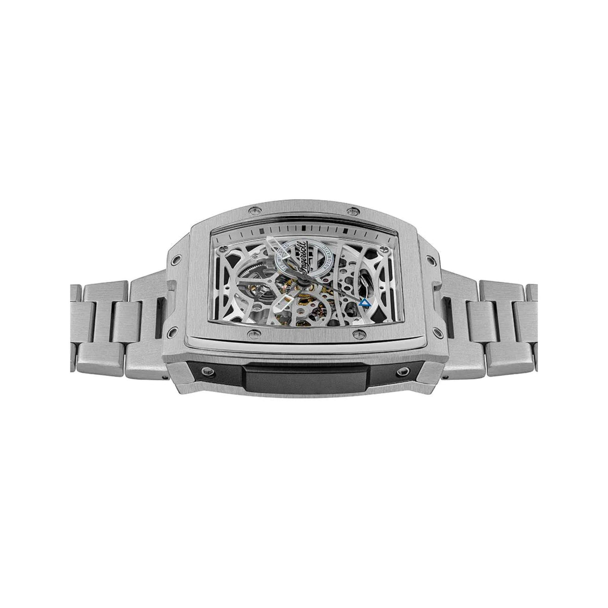 Men's automatic skeleton watch with silver-tone case, open dial, and link bracelet