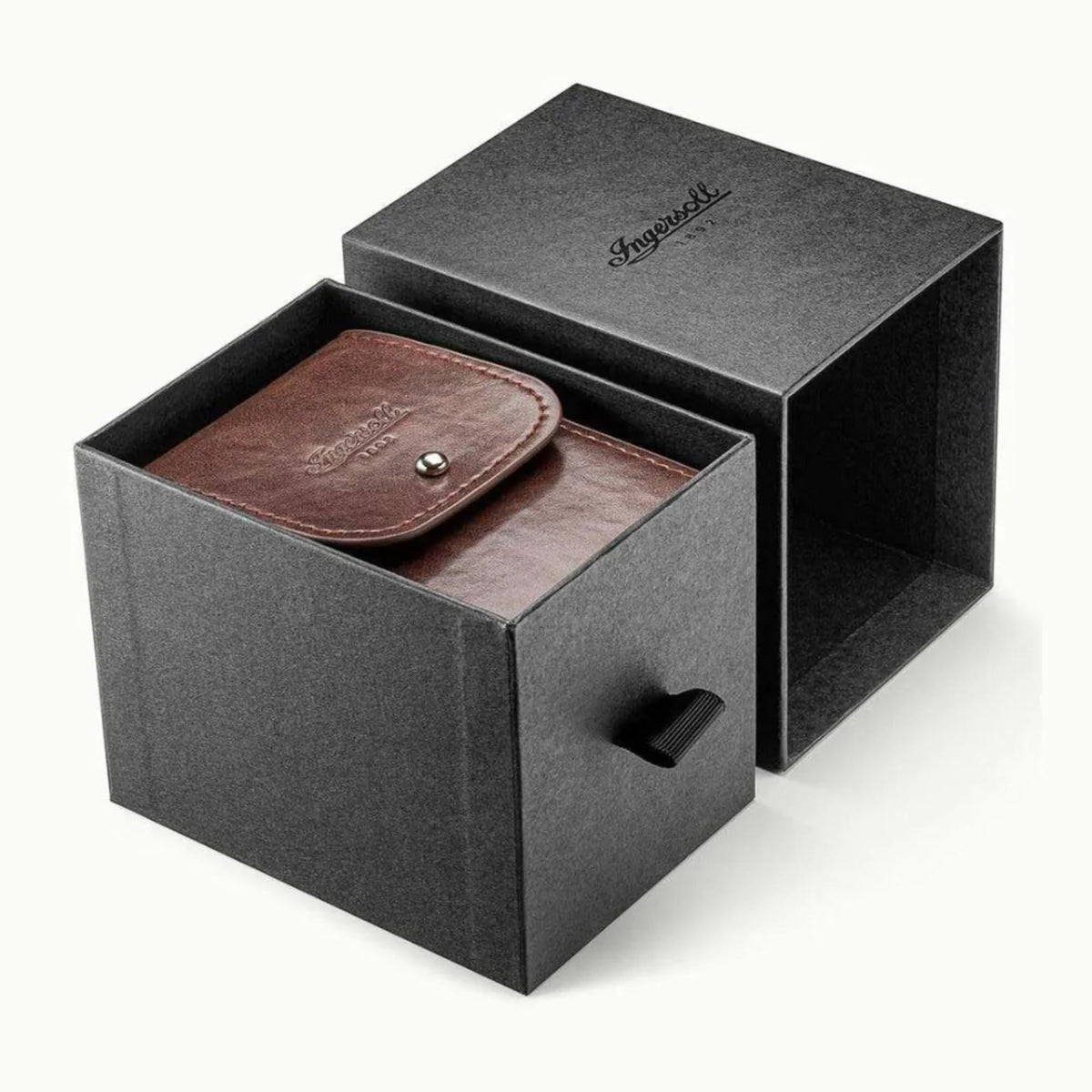 Open black presentation box with brown leather watch pouch insert and handle cutout