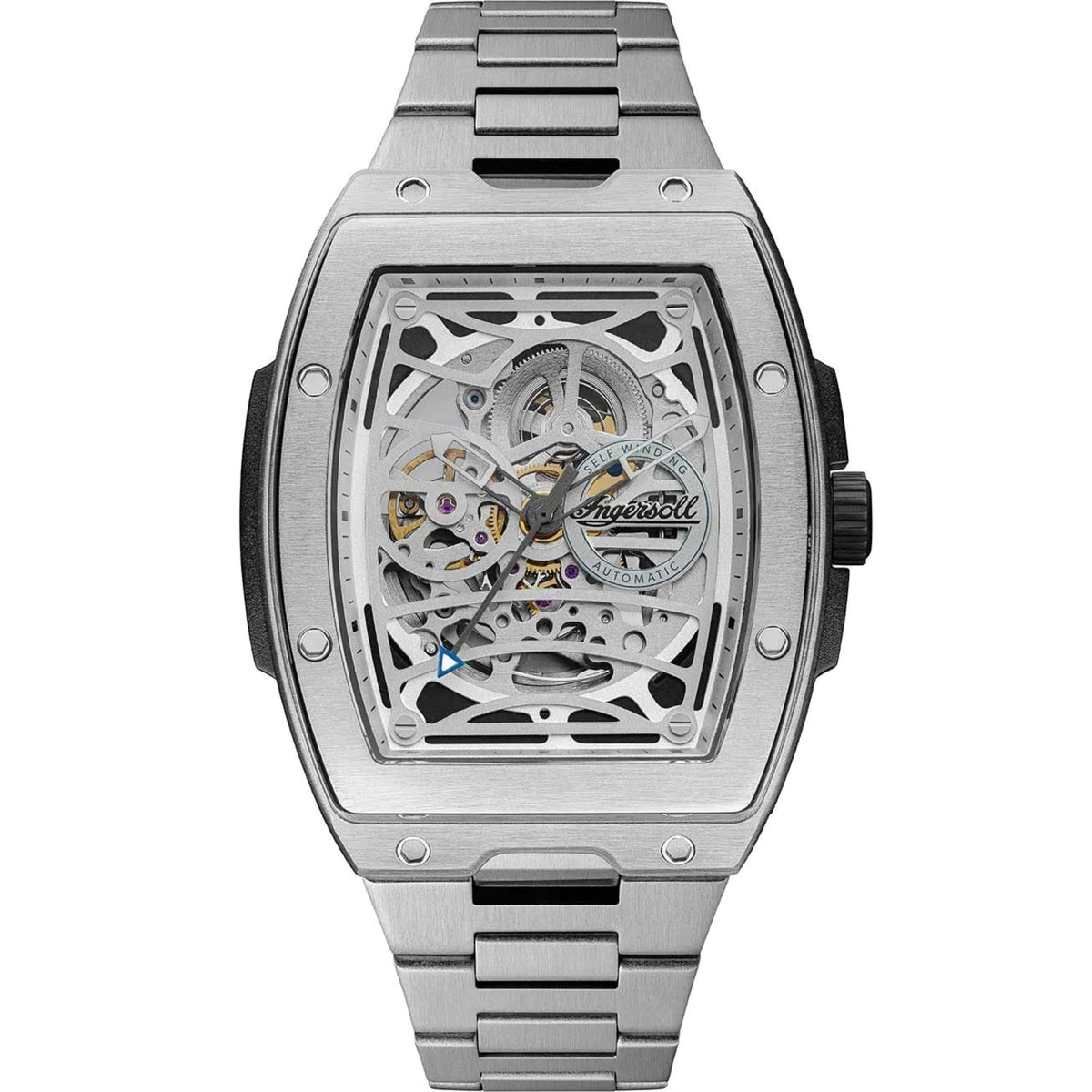 Silver automatic skeleton wristwatch with transparent dial and metal link bracelet