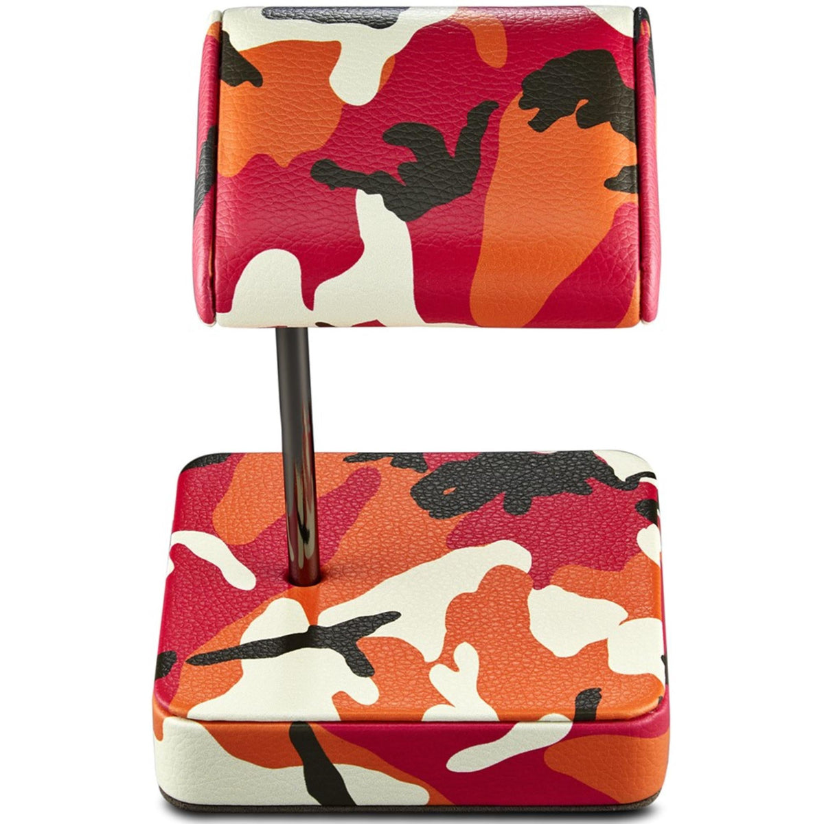 WOLF camo watch stand front view, padded top rest on vertical post above thick base