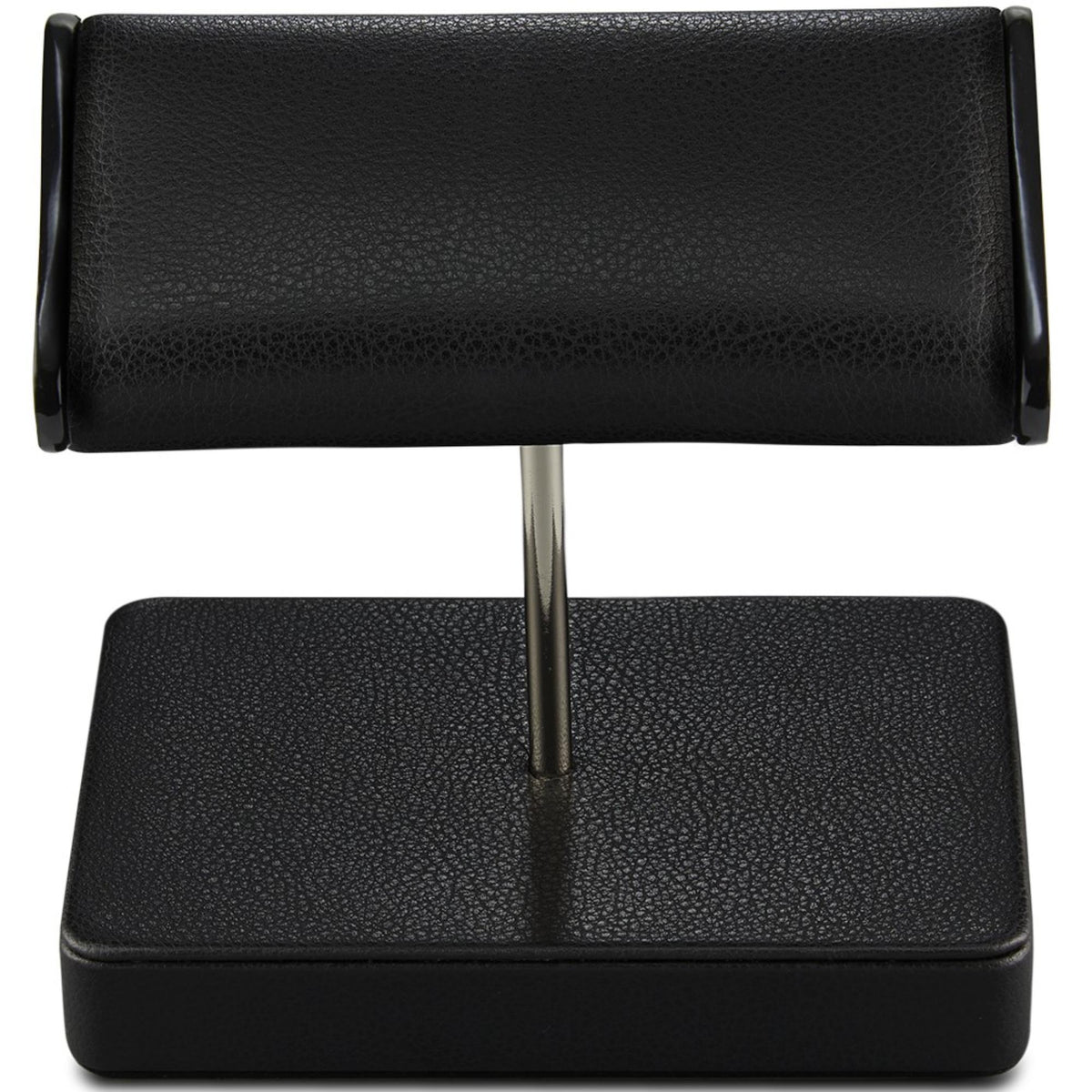 Black double watch stand with two textured resting pads and metal post