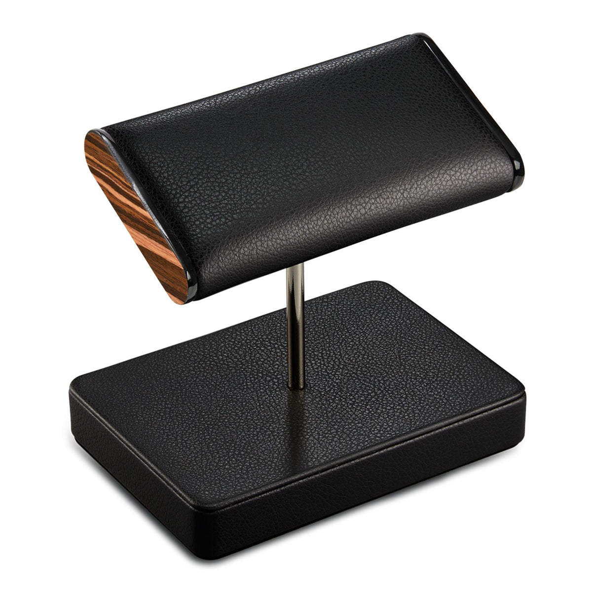 Black double watch stand with rounded base, metal post, and wood side detail