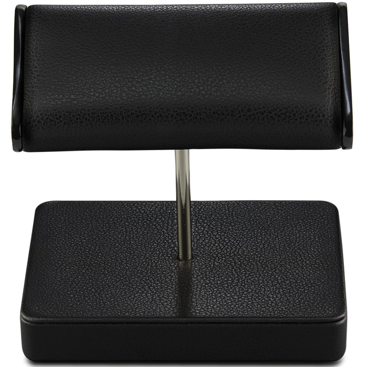 Black leather-look watch stand with two stacked pads and vertical metal support