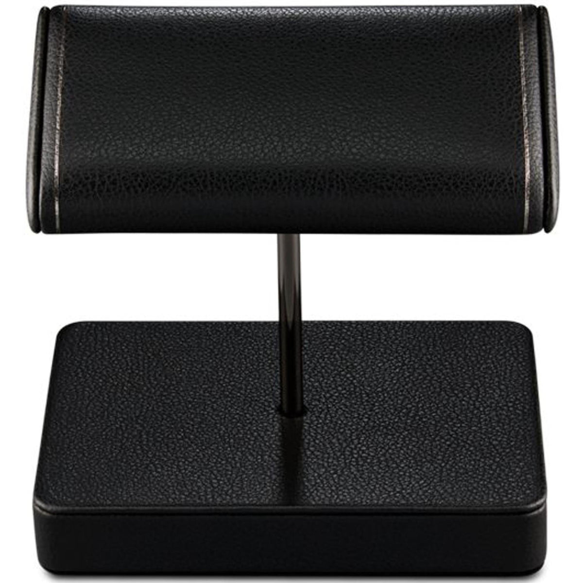 Black double watch stand: textured top cushion over square base, vertical metal post