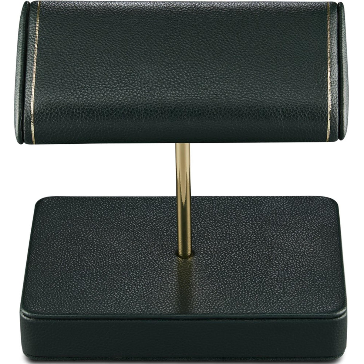 Green double watch stand with padded top roll and brass support rod