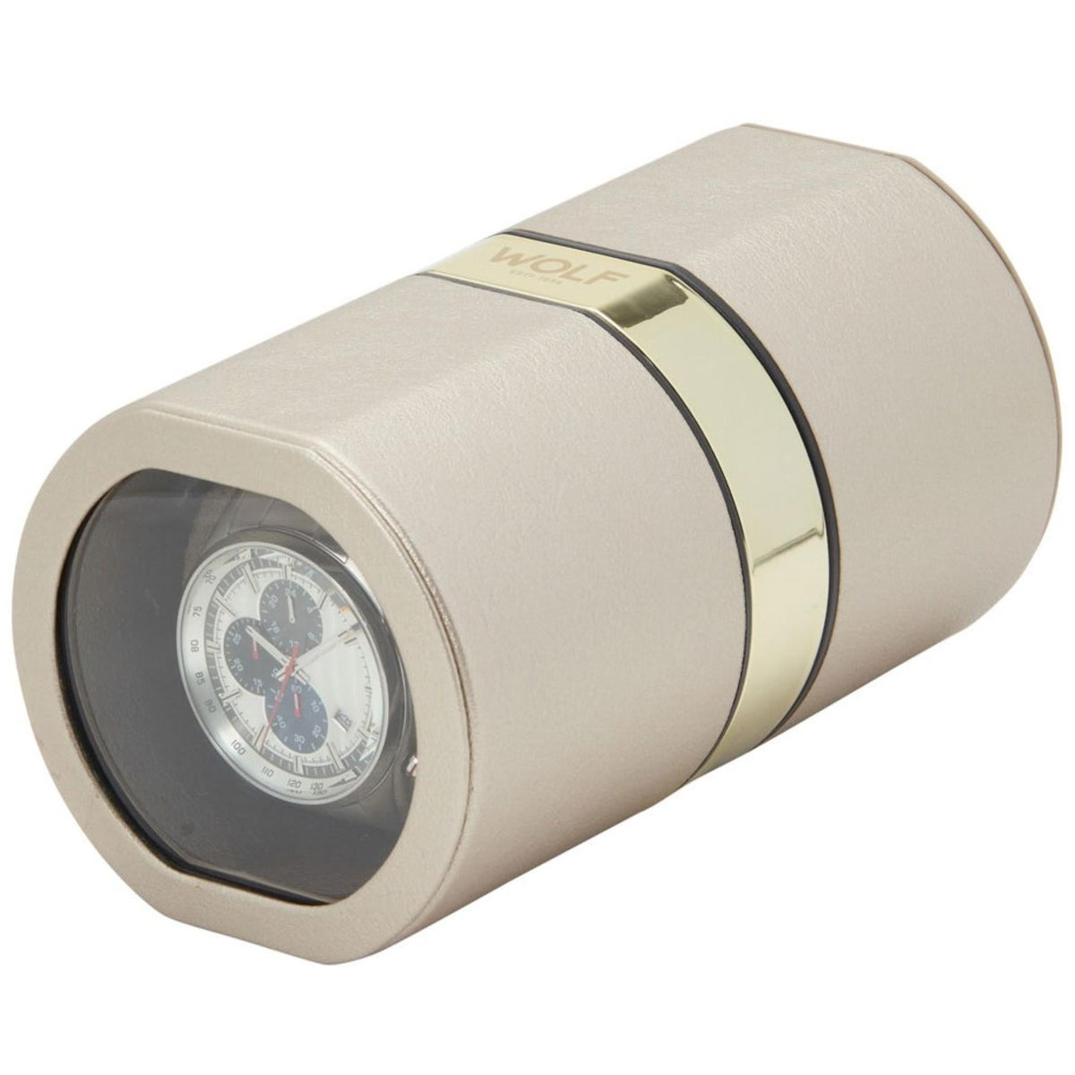 Champagne watch winder cylinder with side profile and front glass display window