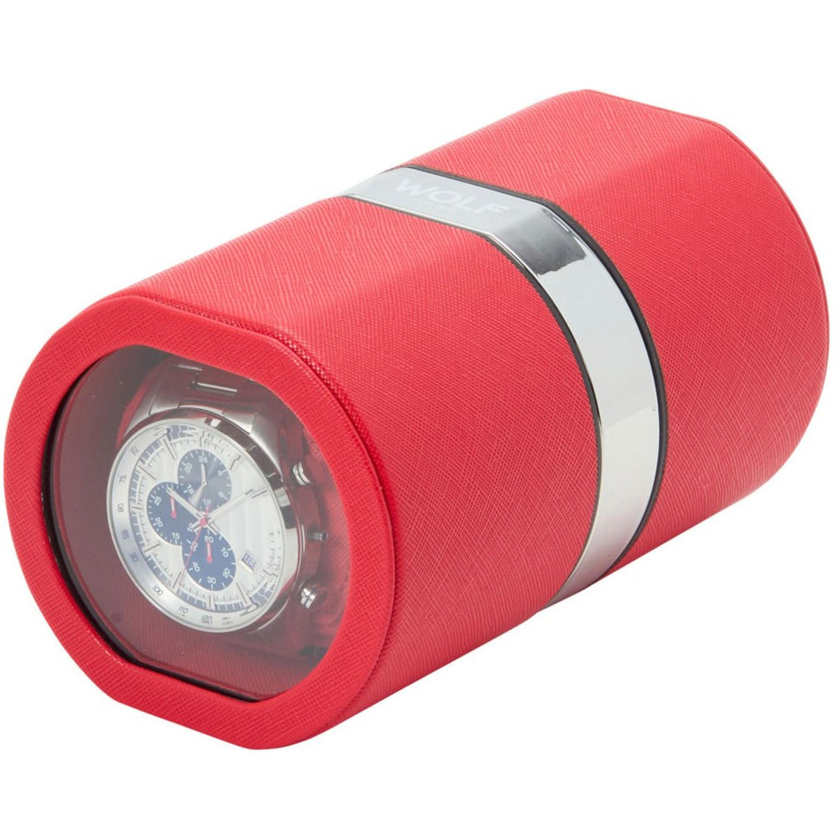 Wolf Rocket Red travel watch winder angled view with red exterior and silver trim ring
