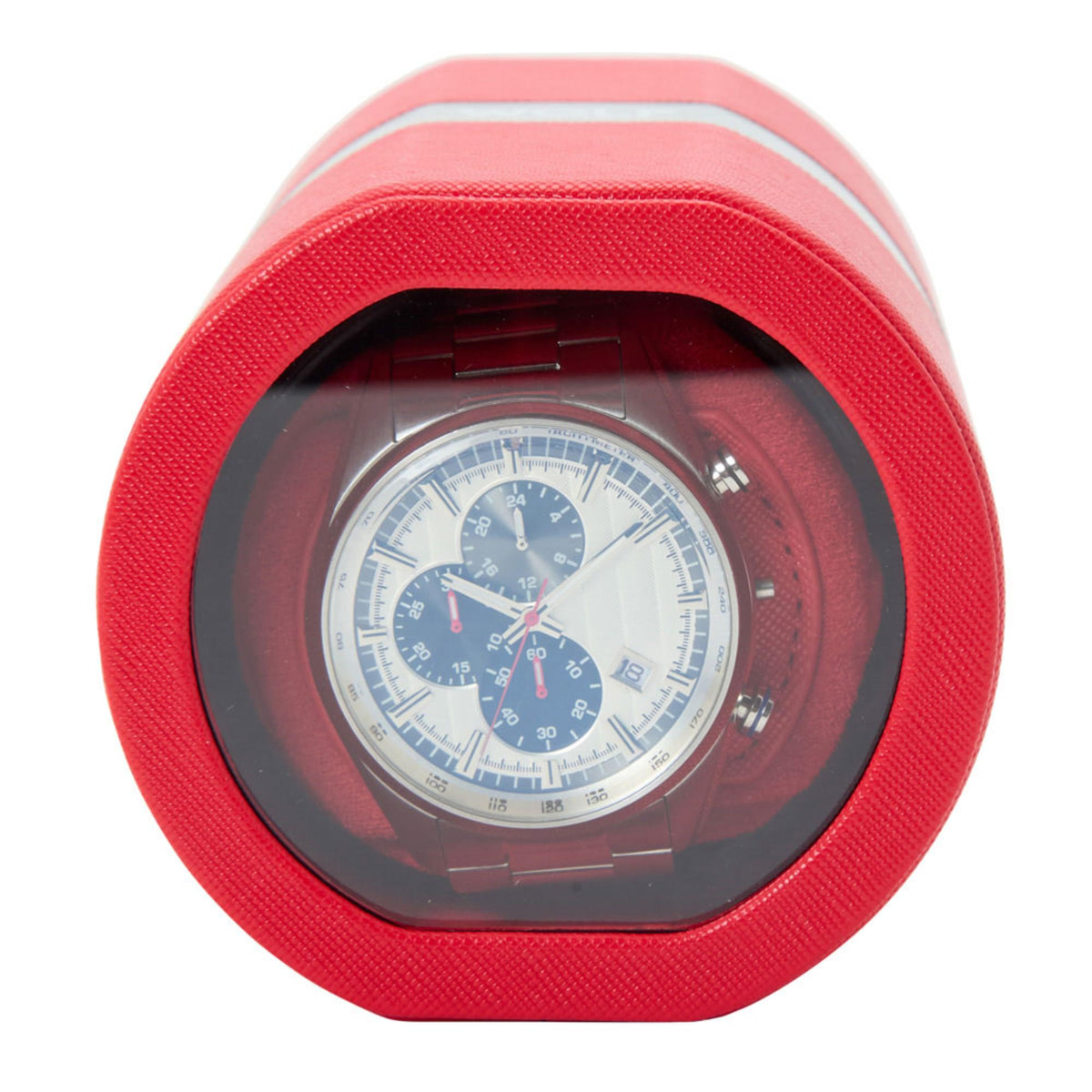 Wolf Rocket Red travel watch winder close-up of watch dial behind the front window