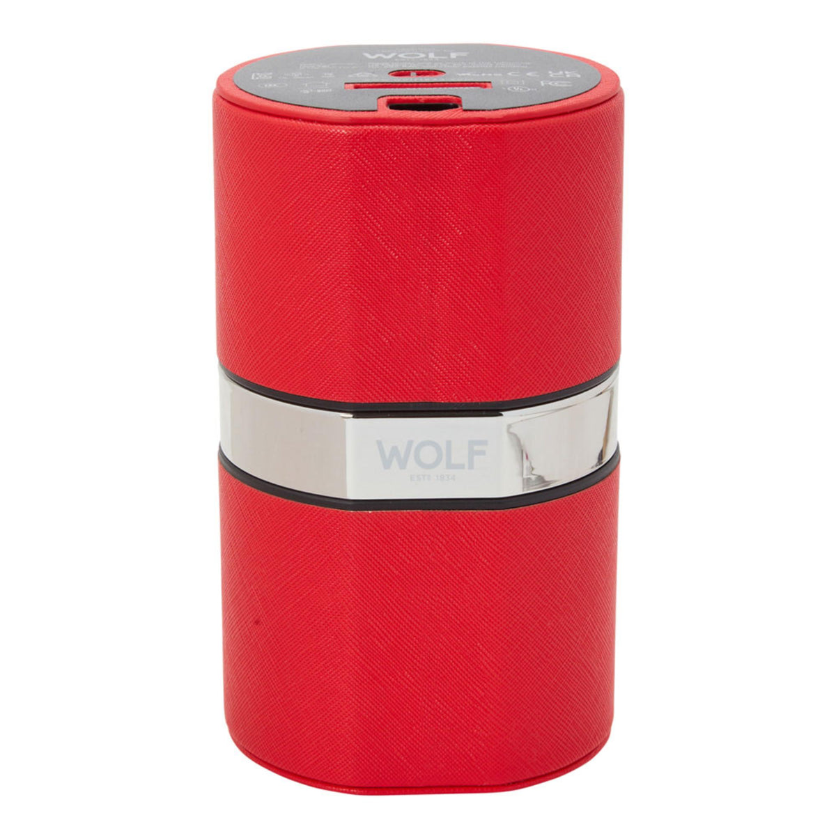 Red watch winder cylinder with silver band and top winding control