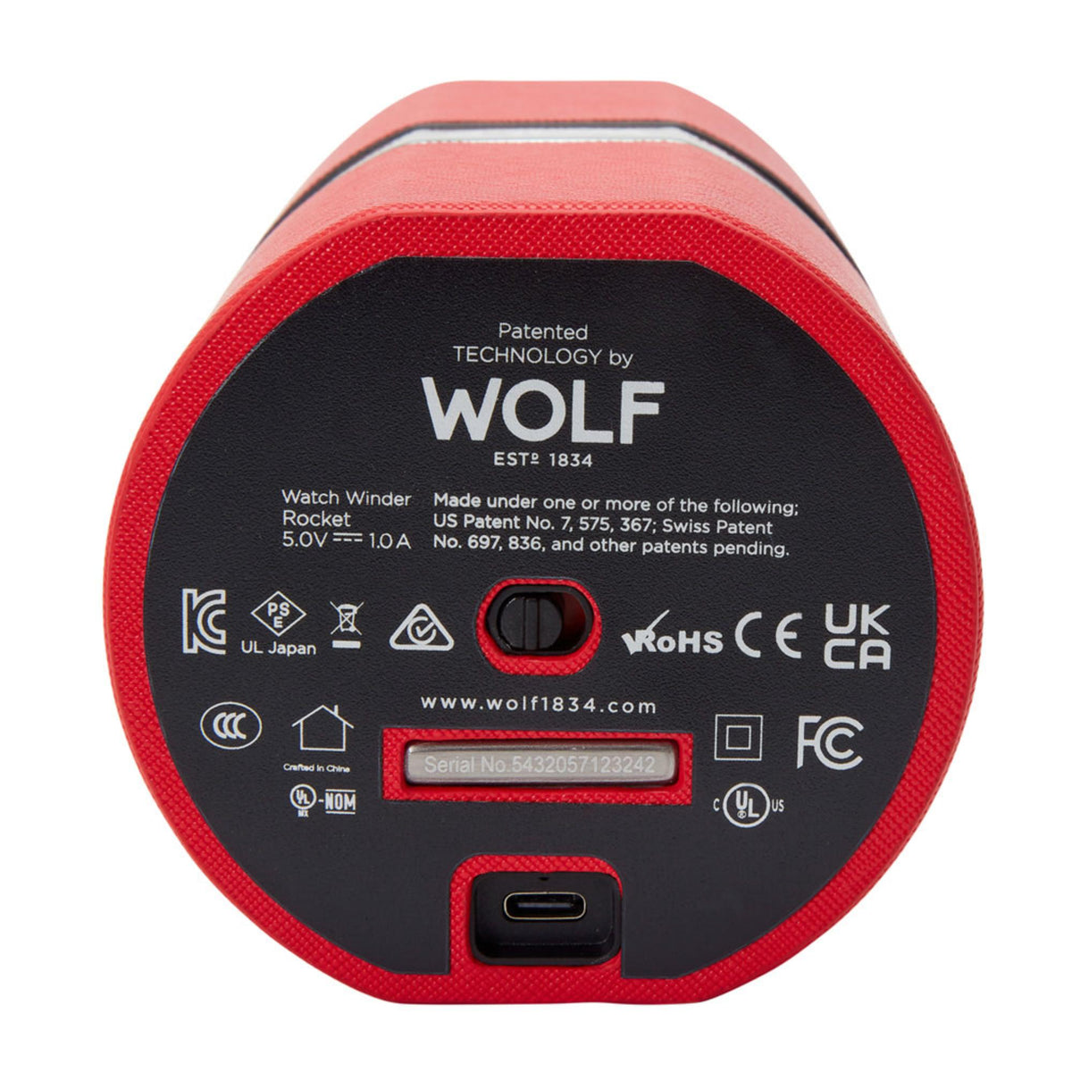 Red watch winder back with WOLF logo, icons, and USB charging port