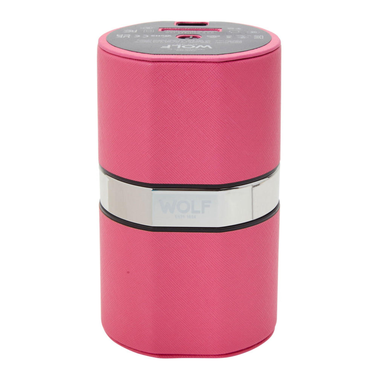 Pink travel watch winder cylinder with silver ring and WOLF logo band.