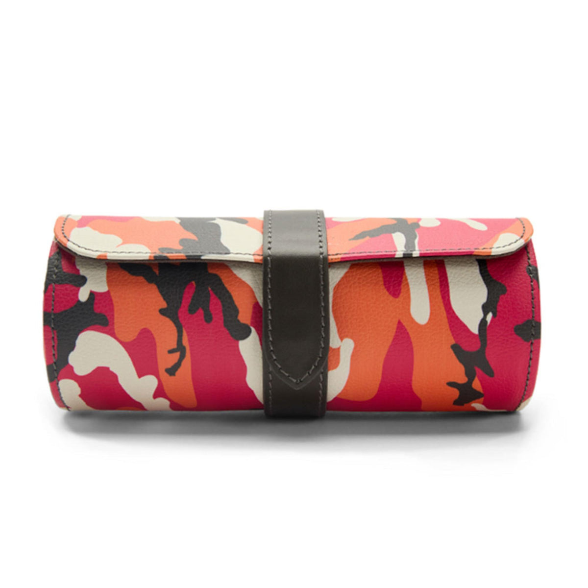 Triple watch roll side view with red-orange camouflage pattern and dark stitched strap