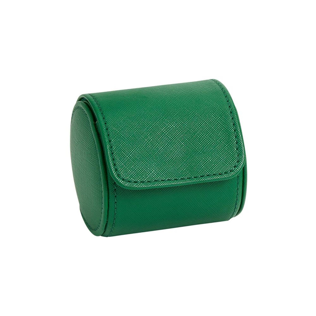 Green single watch roll, angled side view showing snap flap and curved body