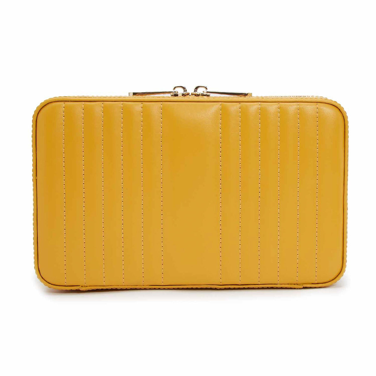 Mustard yellow zip case with quilted vertical stripe texture and metal top handle