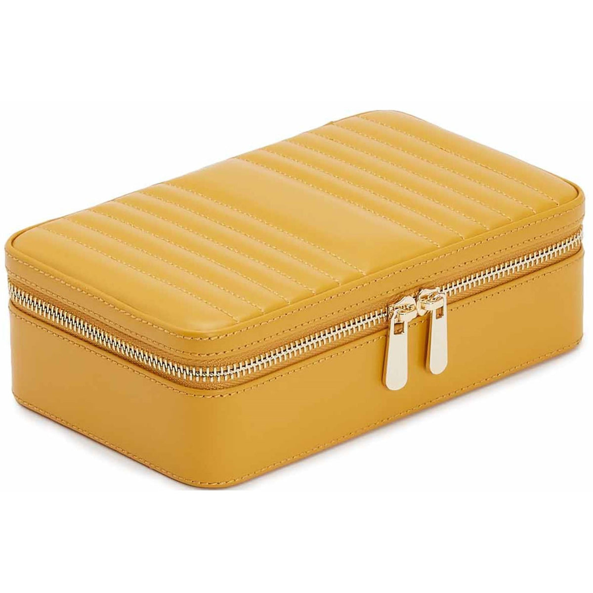 Mustard yellow rectangular zip case with quilted stripe stitching and top handle