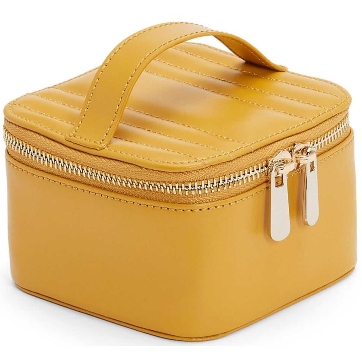 Mustard yellow jewelry cube with quilted top handle and silver-toned double zipper pulls