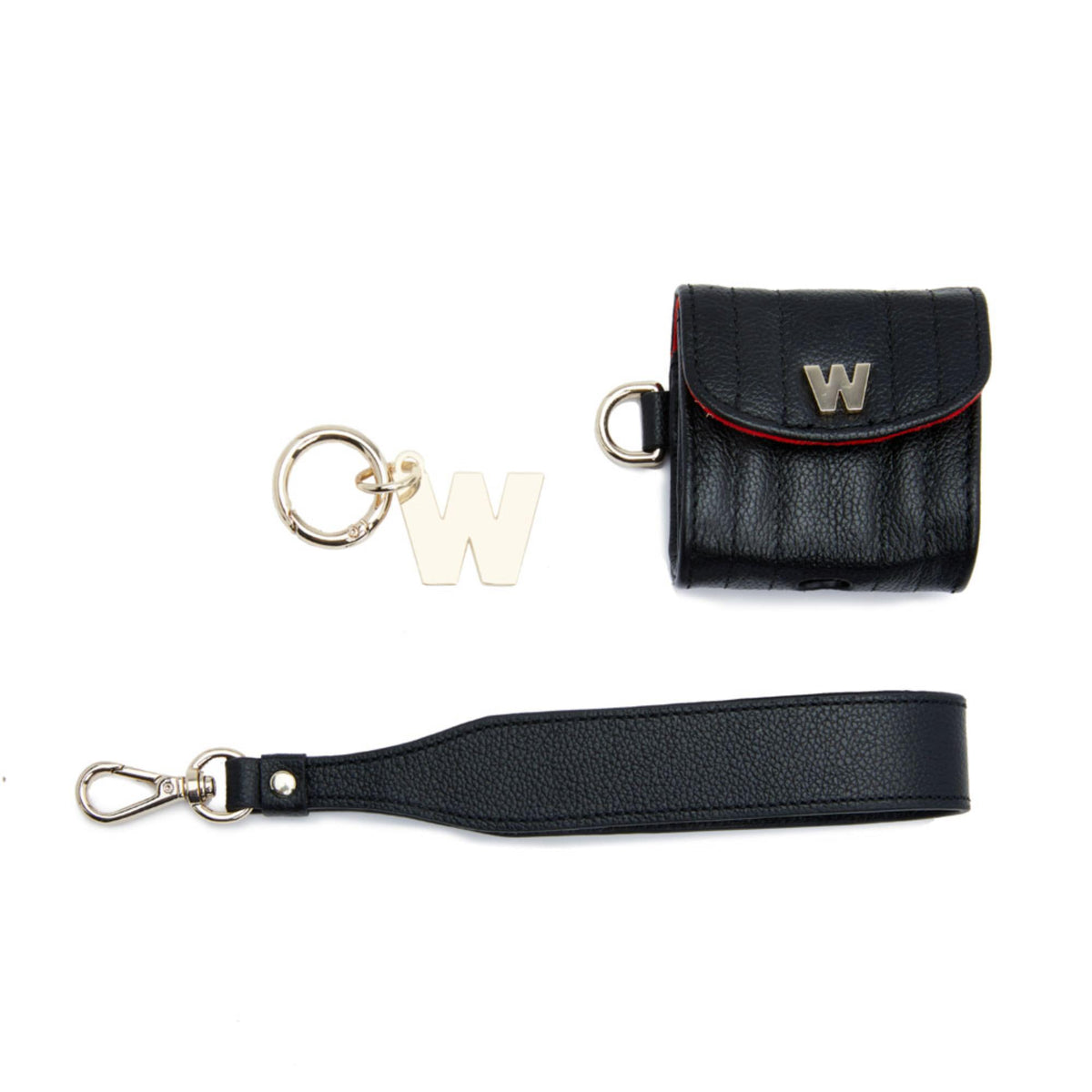 Black earbud case with wristlet strap, W logo front and red-trim top