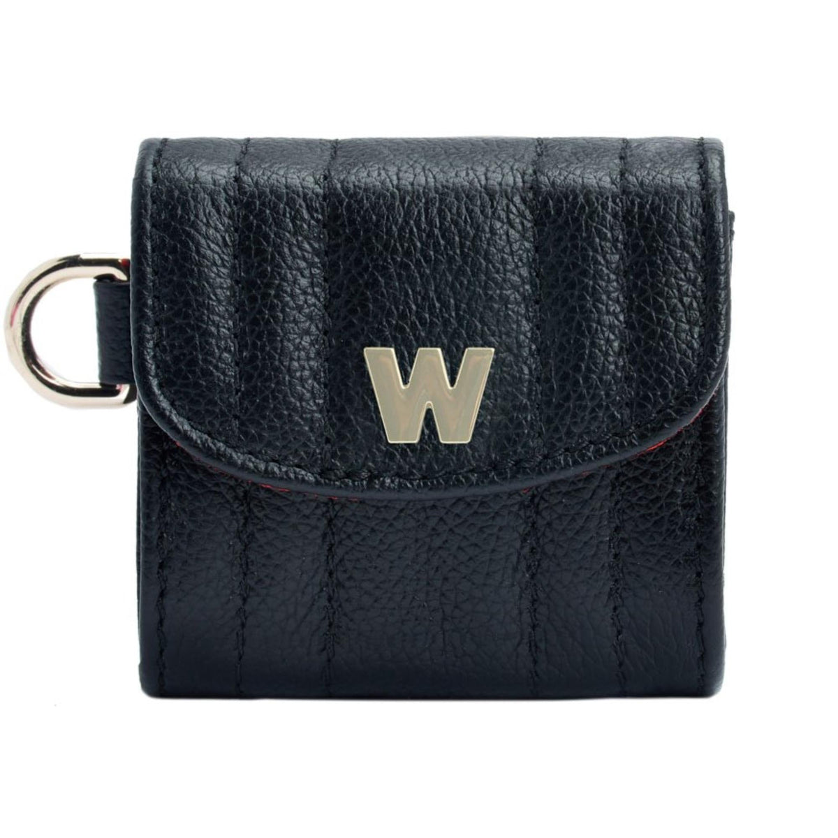 Black leather earbud case with gold W logo on front flap and side metal keyring
