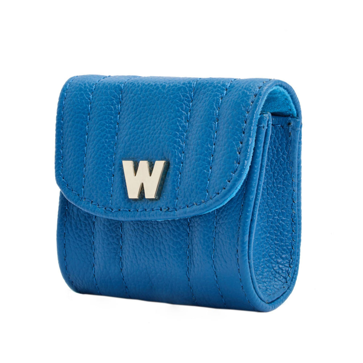 Blue leather-look earbud case with flap and gold W logo