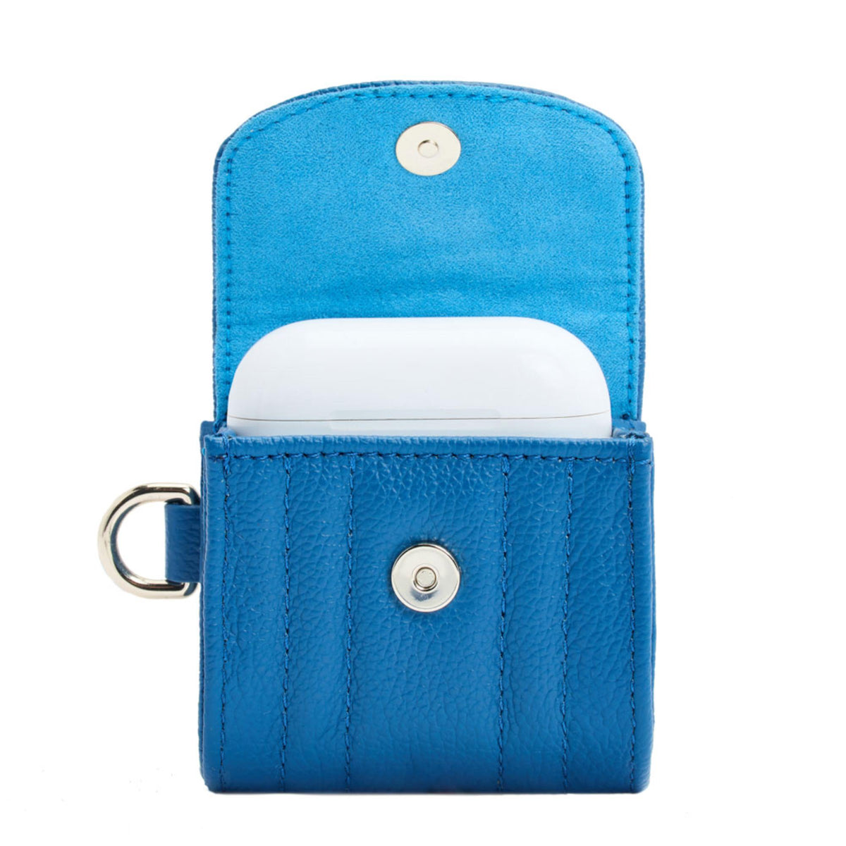 Blue earbud case with snap closure, visible earbud compartment
