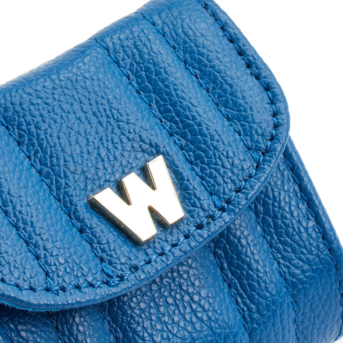 Blue textured earbud case with raised gold W emblem