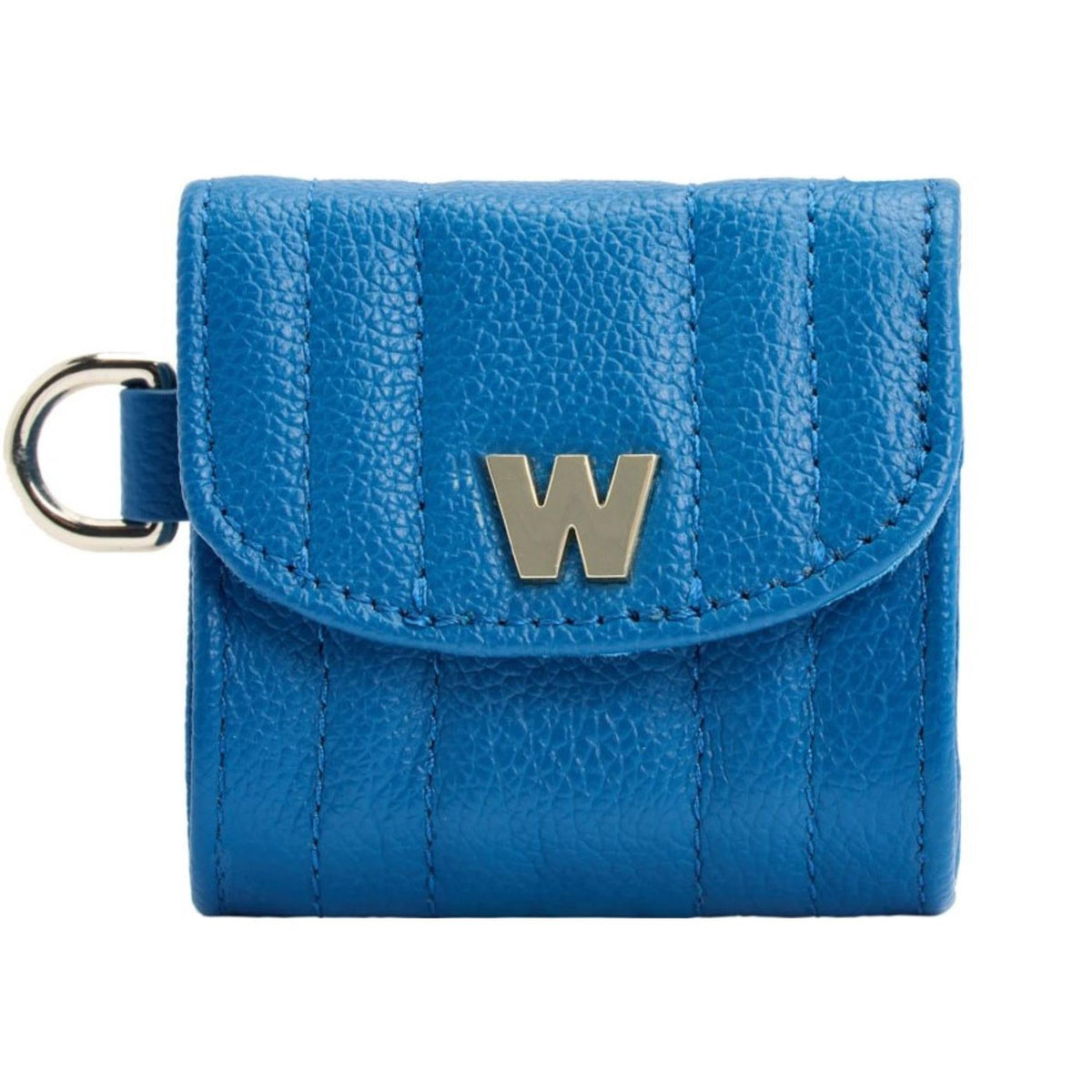 Blue leather-look Mimi earbud case with front flap and gold W emblem