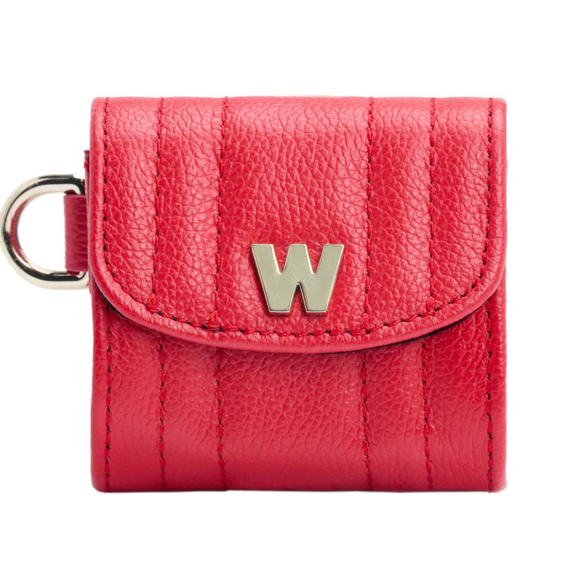 Red leather-look EarPods case front with gold W emblem and metal key ring