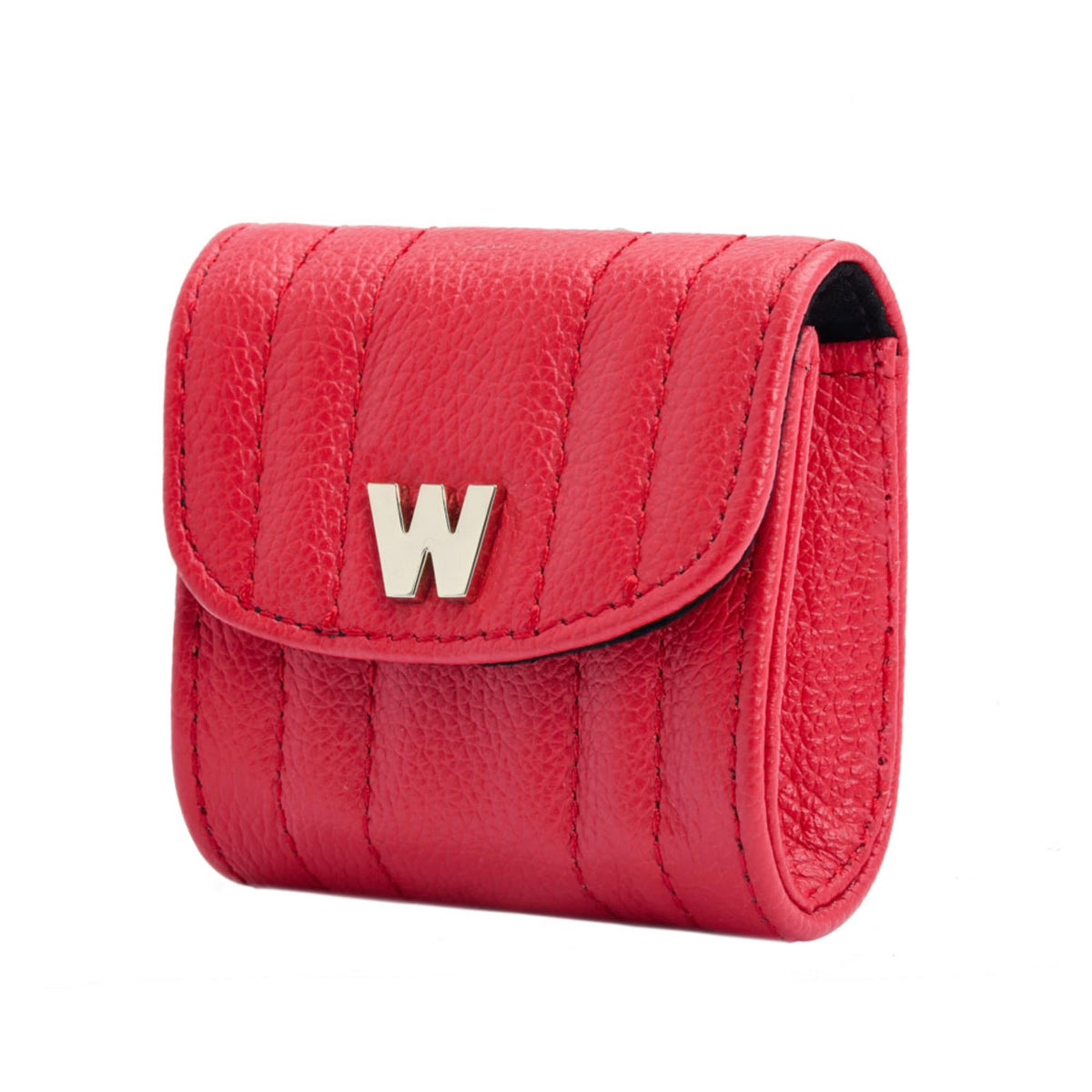 Red Mimi earbud case with flap closure and gold W emblem, curved side view