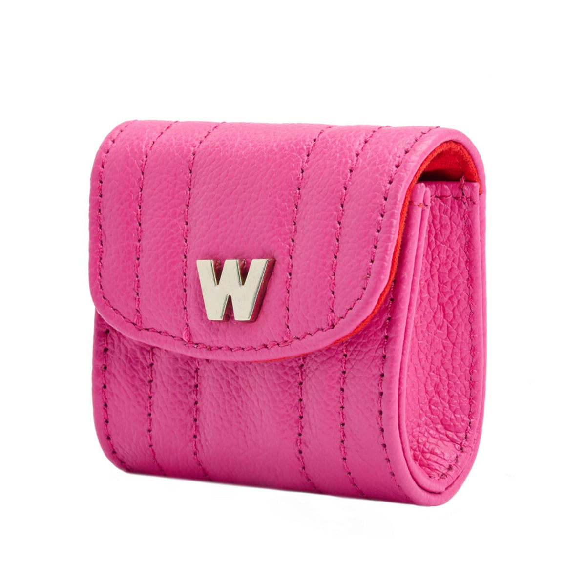 Pink Mimi EarPods case with curved front flap and gold W emblem, snap closure.