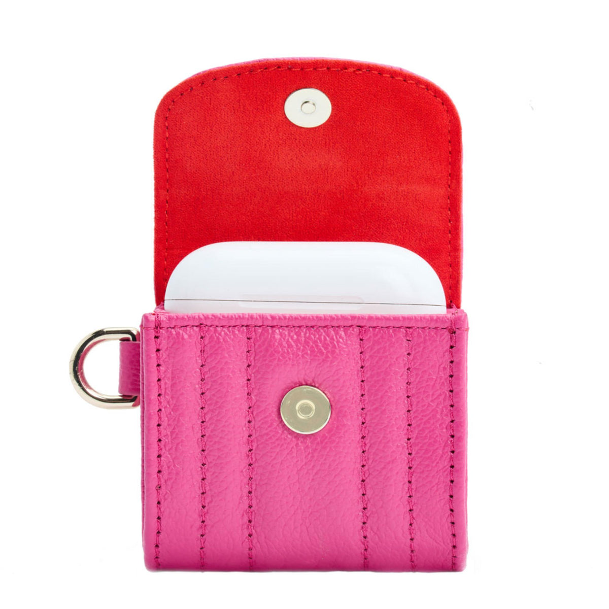 Pink Mimi EarPods case with red interior top, snap closure, and metal ring.