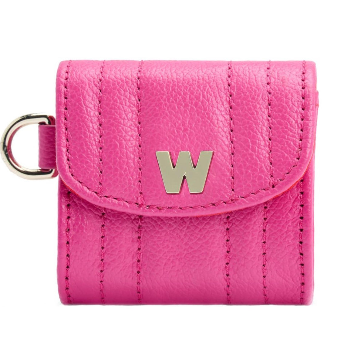 Pink Mimi EarPods case with wristlet, gold W logo and stitched flap front.