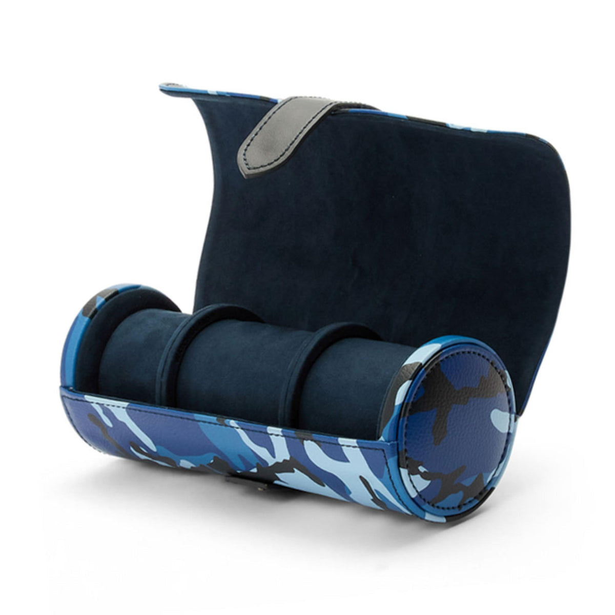Open triple watch roll with dark suede-like lining and blue camo outer cover.