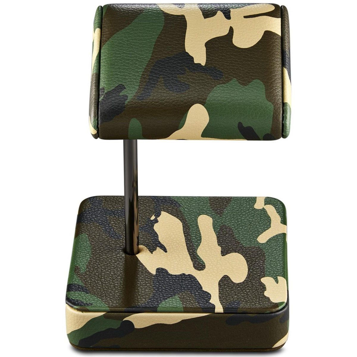 Camo watch stand front view with upper and lower trays on a vertical metal pole.