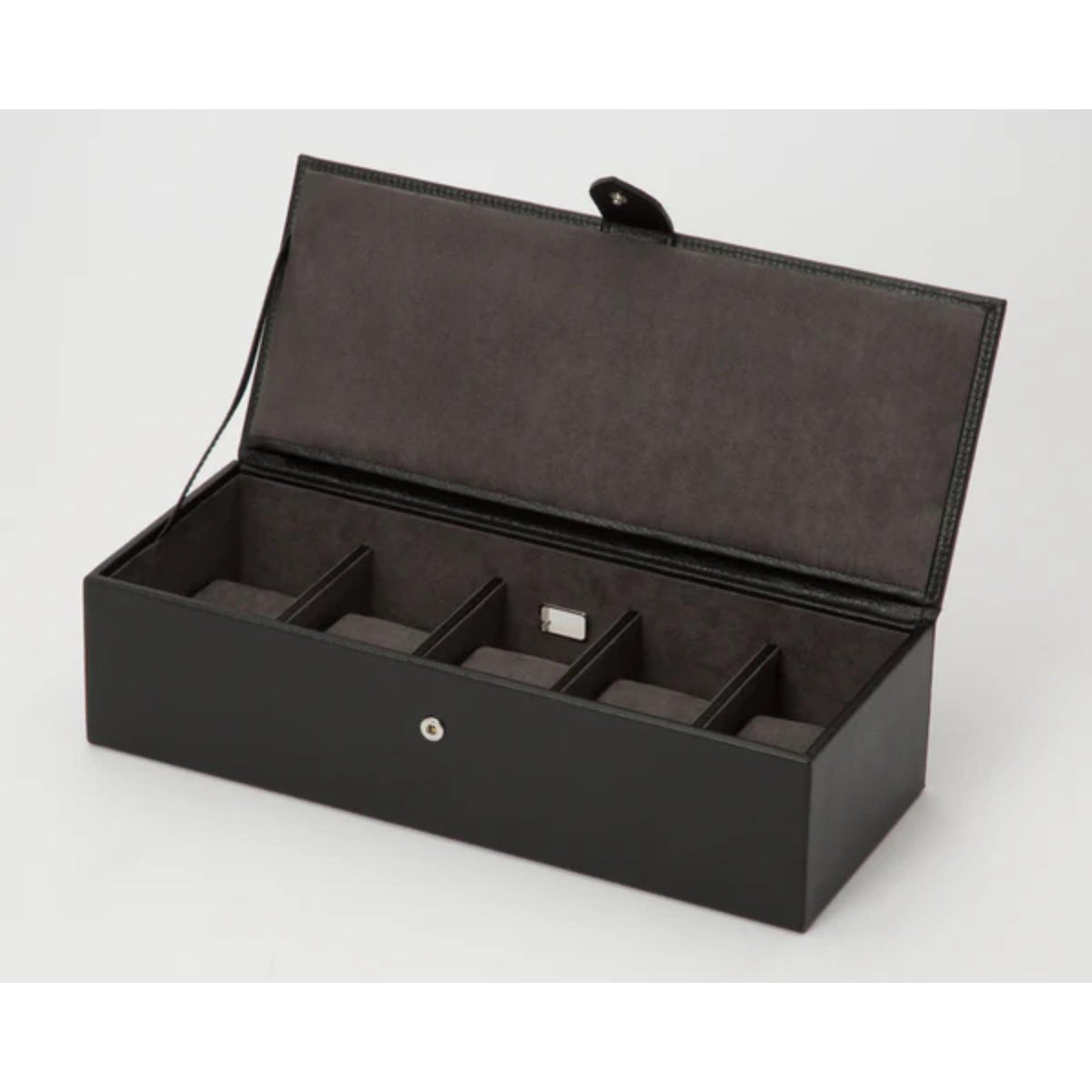 Open dark gray suede-look watch box showing five padded compartments