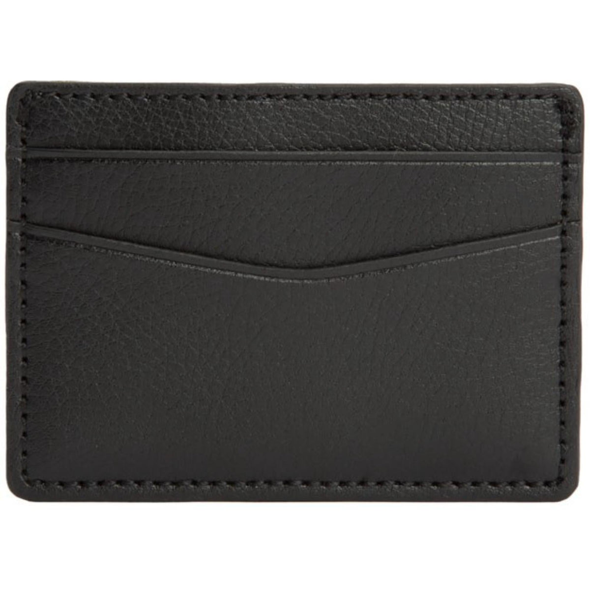 Black credit card case with slim front card slot and reinforced stitching, textured leather