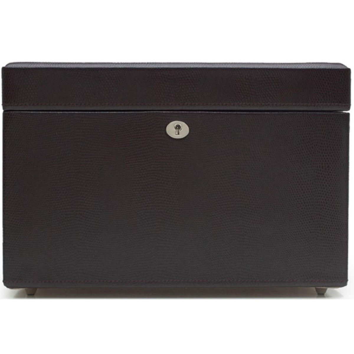 Dark brown medium jewellery box with textured finish and round lock on the front