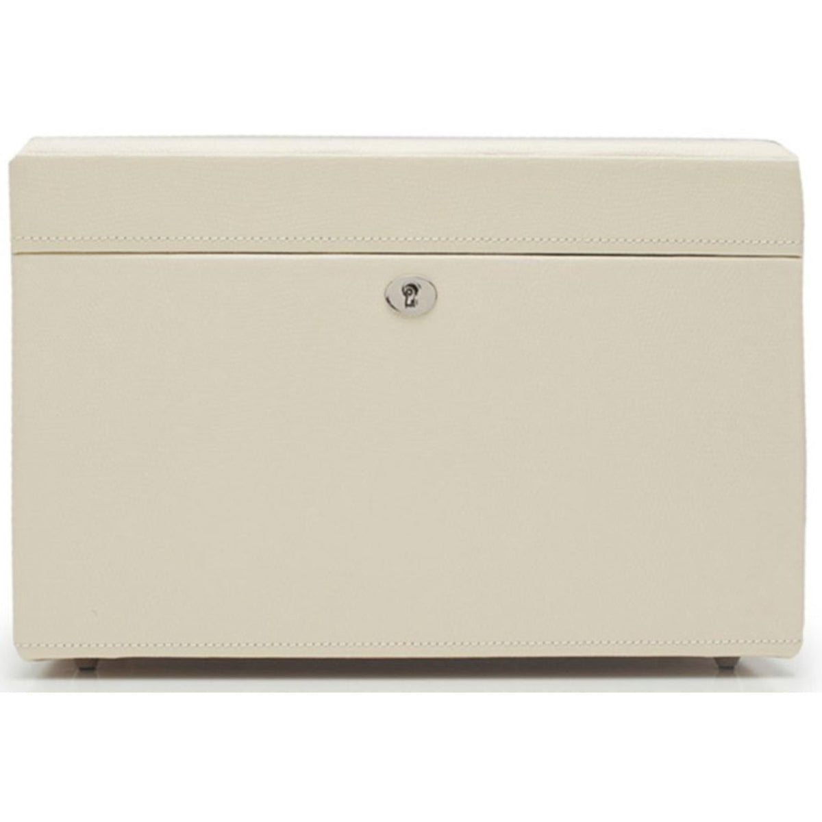 Light beige medium jewelry box front with stitched trim and round keyhole lock
