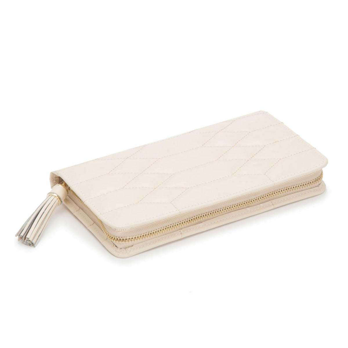 Folded beige jewelry portfolio with quilted top, zip trim, and tassel pull