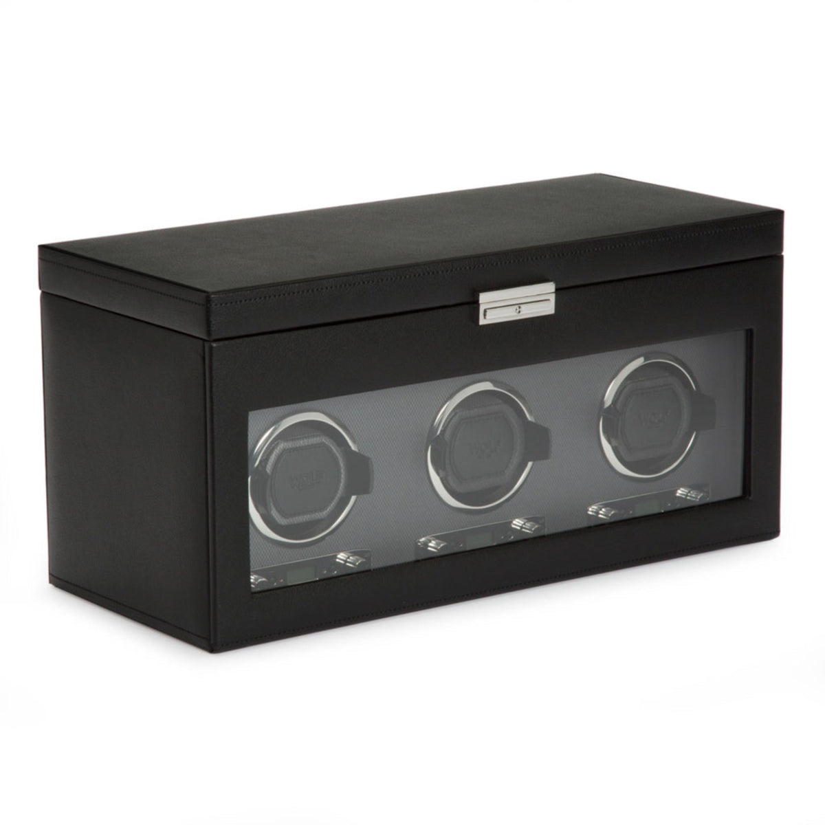 Black triple watch winder with storage, three watch compartments visible in window