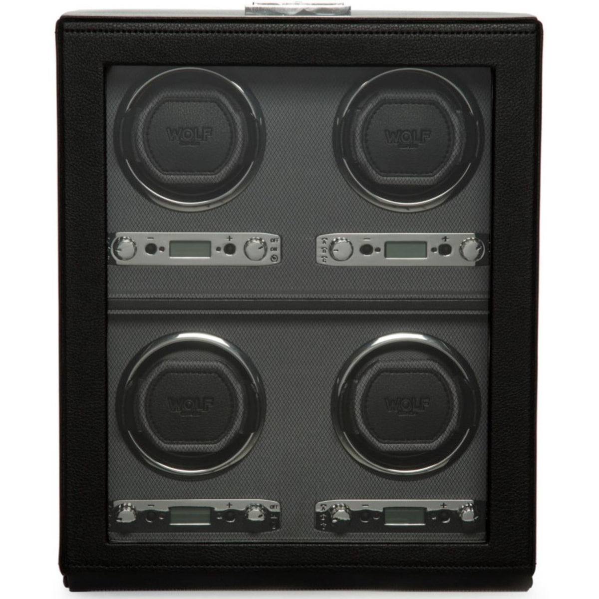 Black WOLF watch winder with four circular cradles and two digital control screens