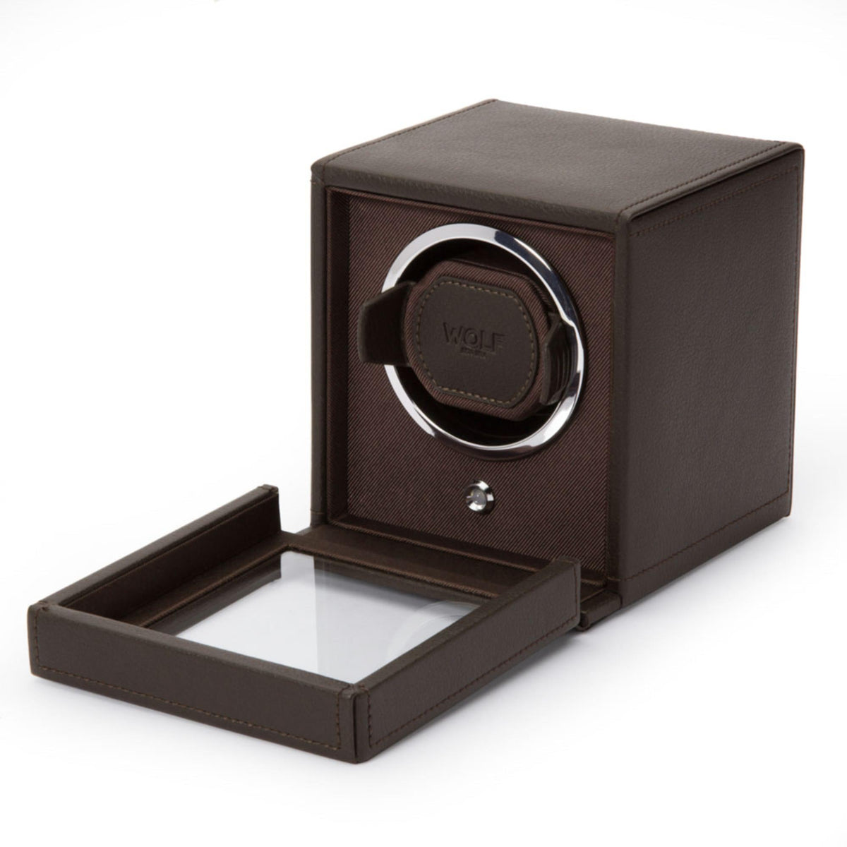 Brown leather-look single watch winder with open tray and circular window showing WOLF badge