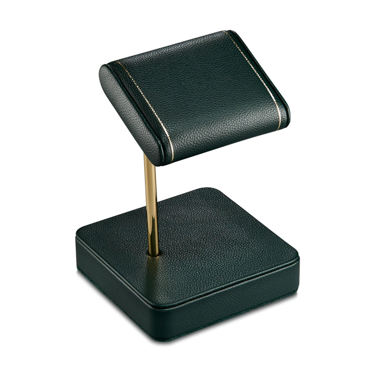 Green leather single watch stand with rolled top, gold post, and flat square base