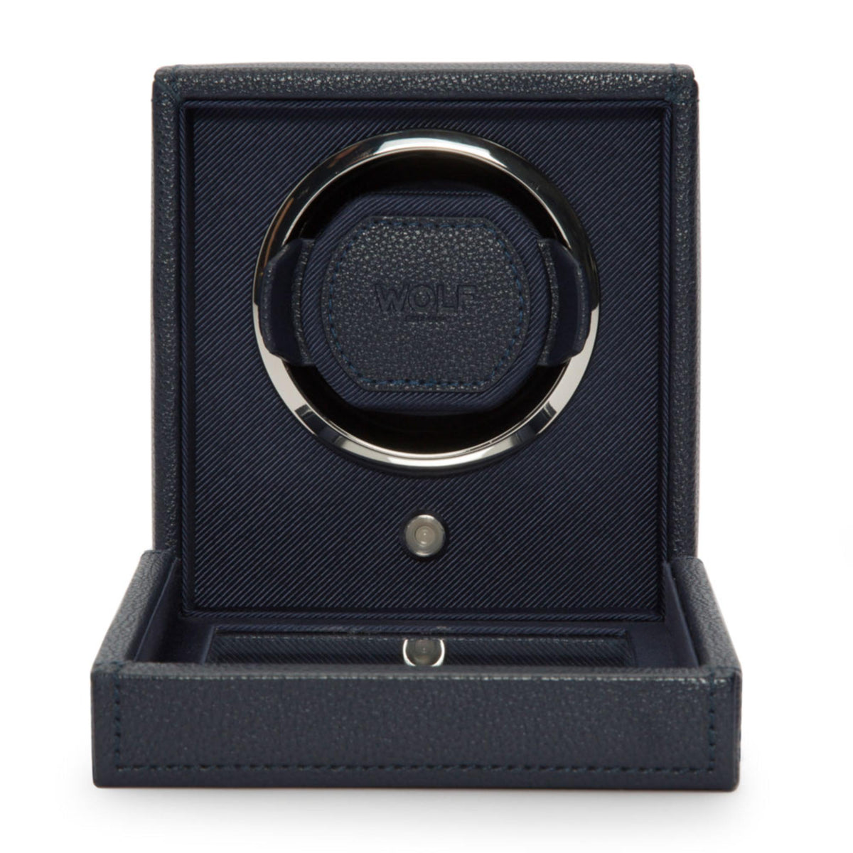 Navy single watch winder with open tray, circular winder cushion, and front control button