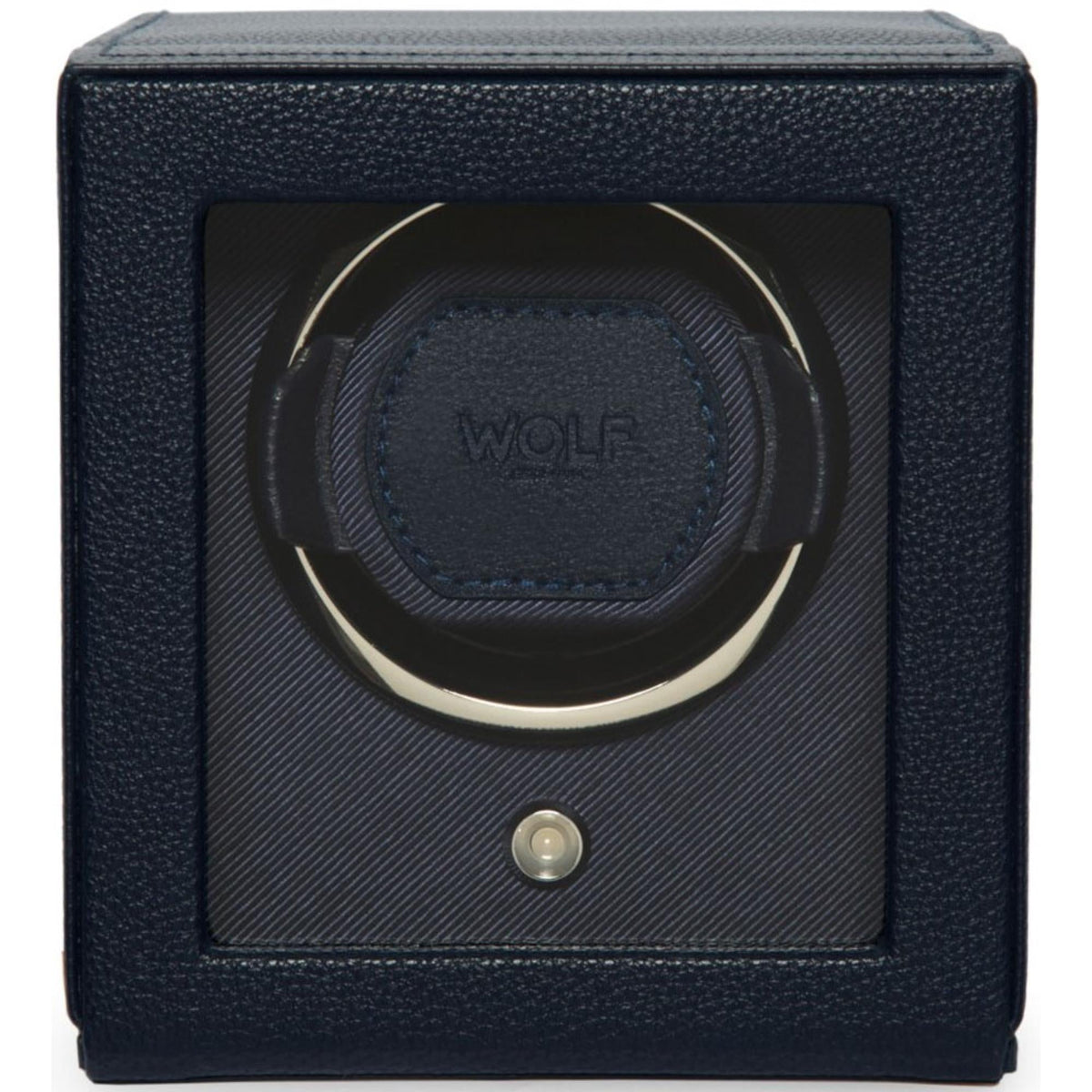 Navy single watch winder with circular winder window and small round front control button