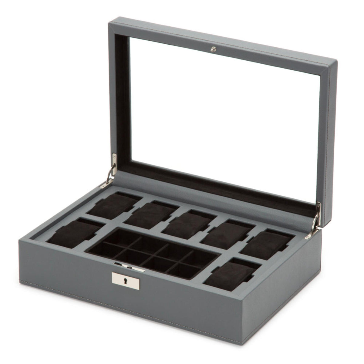 Gray watch box with lid open, multiple watch compartments and small lock at front