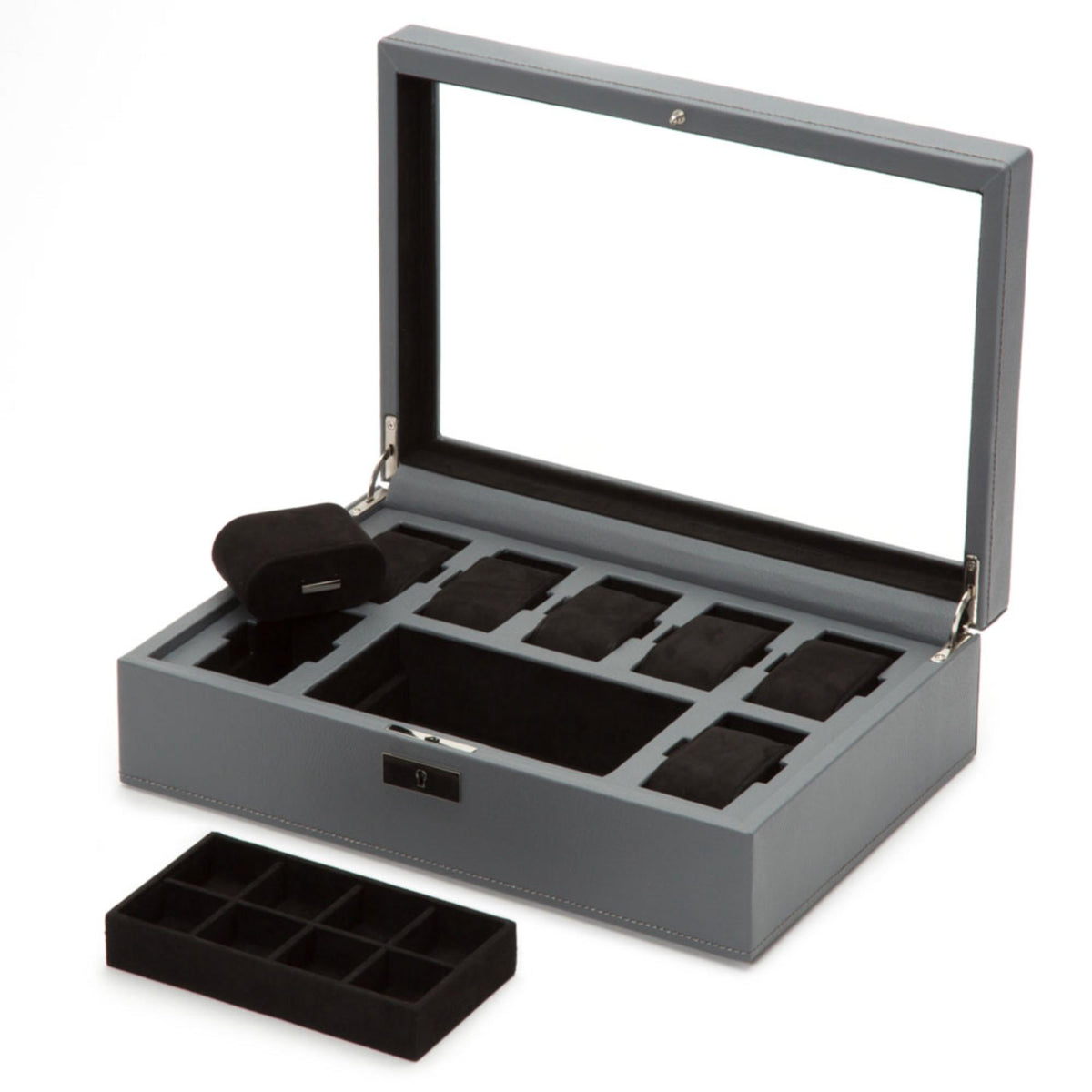 Gray watch display box with lid open, strap holder pad and cushioned watch slots