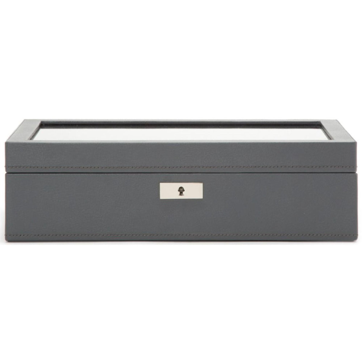 Wolf Howard watch box front view, dark gray exterior with center lock plate and flat top panel