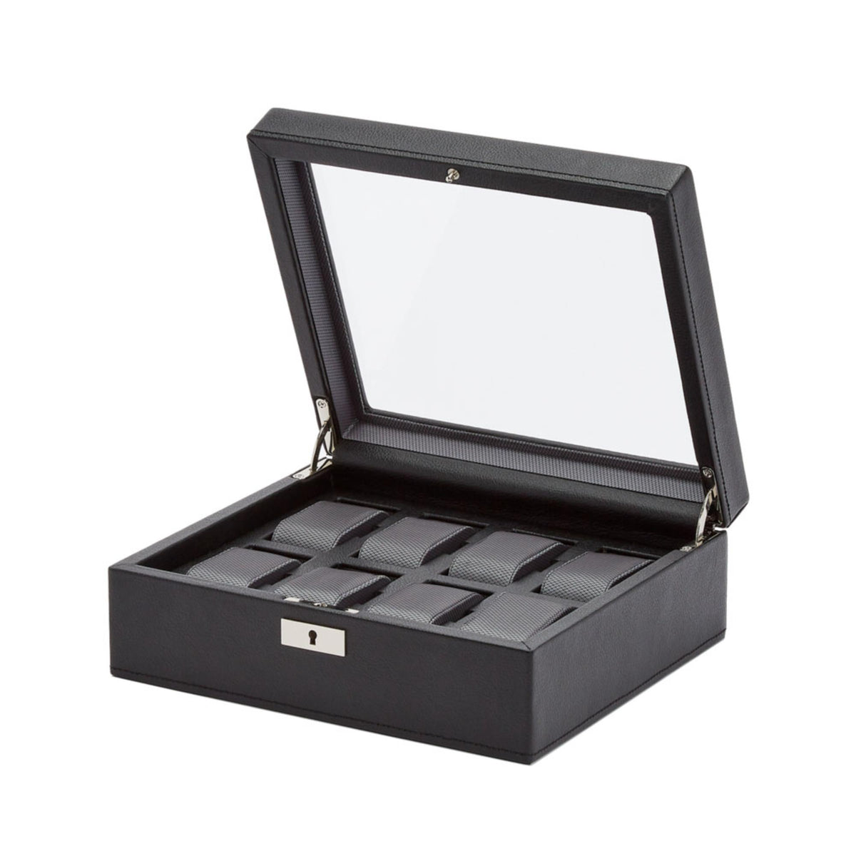 Black 8-slot watch box with hinged lid and padded cushion inserts