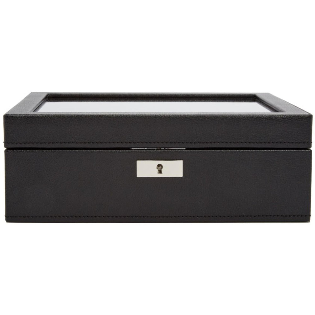 Black watch storage box with square glass window on top and center metal lock plate